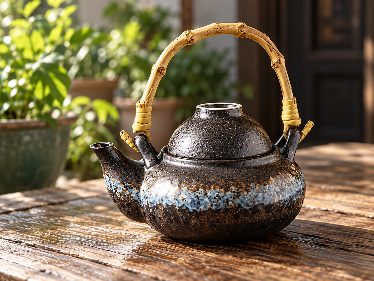陶器製 じょうろ 水差し 園芸用 水やりポット 竹製ハンドル 和モダン おしゃれ レトロ 花の水やり 観葉植物 盆栽 ガーデニング 室内 屋外 花器風 インテリア