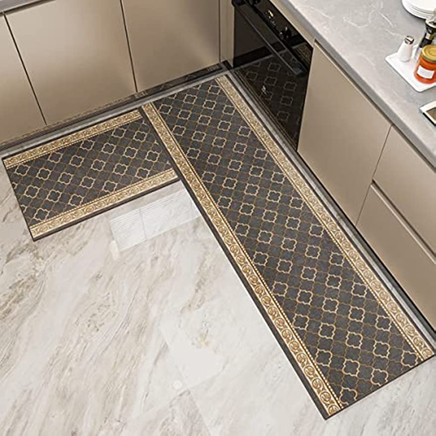 「Tuokus」キッチンマット ヨーロッパスタイル クラシック 洗える 織り 廊下マット 台所マット 滑り止め付き 玄関マット カーペット ラグマット 厚手防音 掃除易い 抗菌防臭 吸水 厚手 長方形 (グレー 50*80cm)
