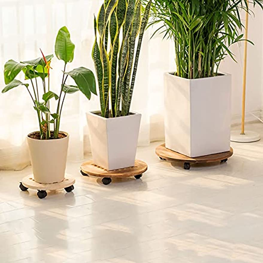 「Tuokus」植木鉢トレー 植木鉢受け皿 植木鉢台 木製 360°可動式 移動便利 鉢置台 1個セット 花台 床保護 丸い木 ウォールナット 丸い形直径25cm