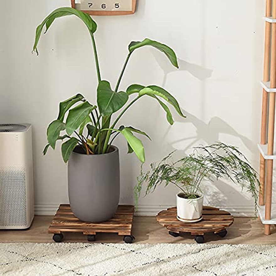 「Tuokus」植木鉢受け皿 植木鉢トレー 植木鉢台 鉢置台 1個セット 花台 木製 可動式 移動便利 床保護 丸い木 ウォールナット 丸い形直径25cm