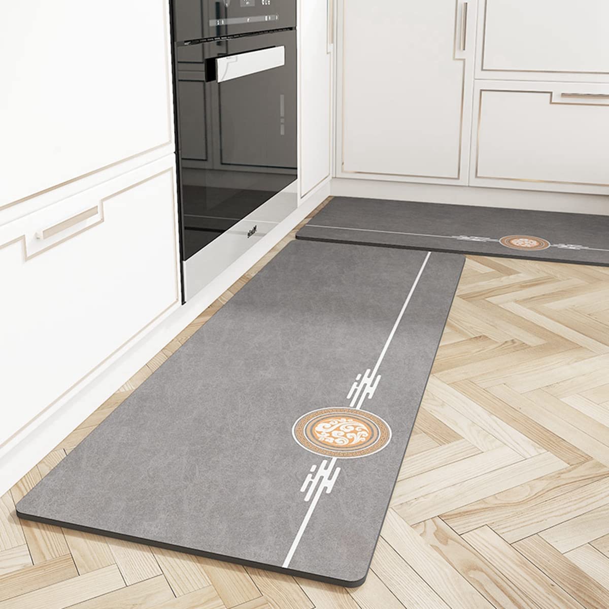 「Tuokus」キッチンマット 洗える PUレザー 廊下マット 台所マット 滑り止め付き 玄関マット カーペット ラグマット 厚手防音 掃除易い 抗菌防臭 吸水 厚手 長方形 (グレー 45*70cm)