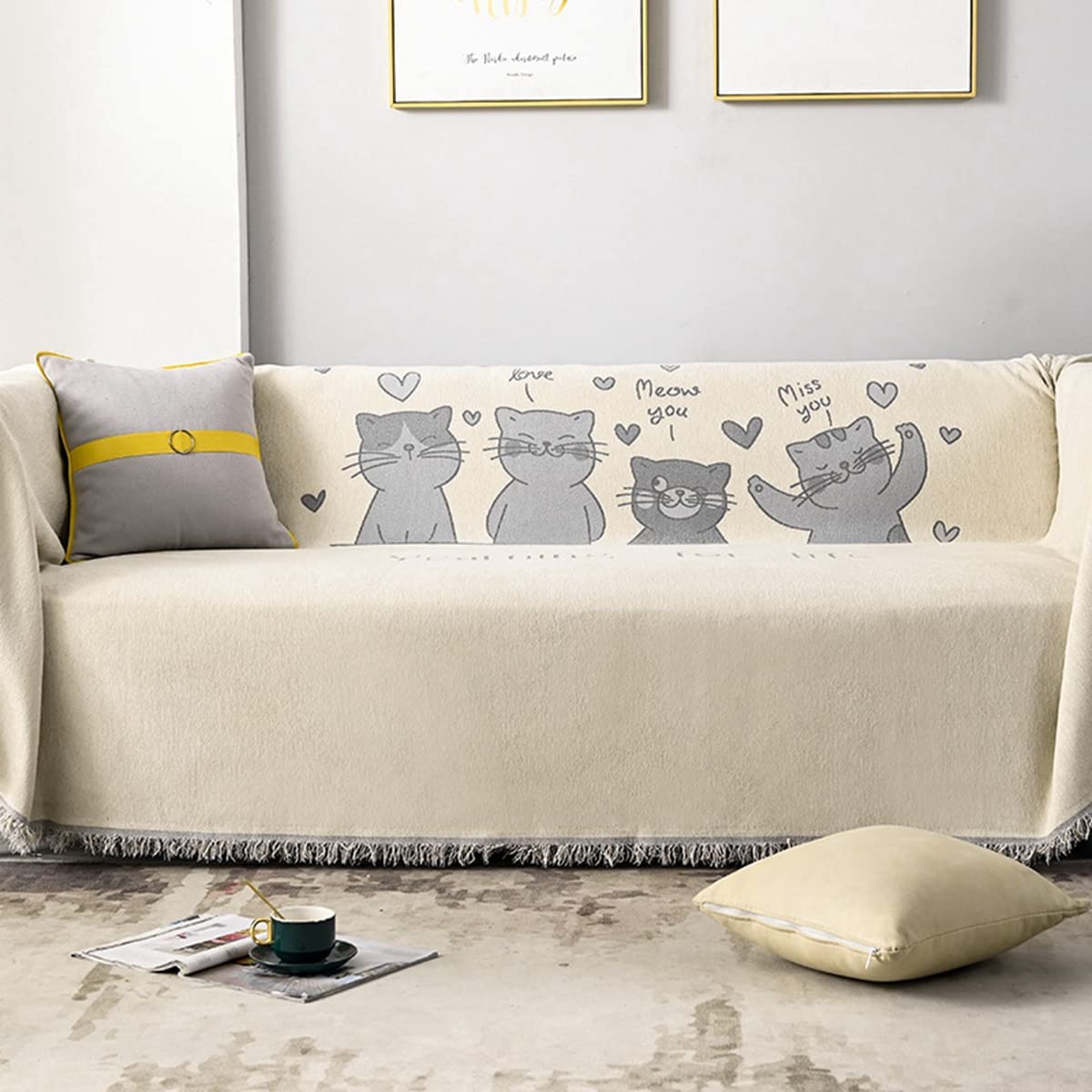 「Tuokus」ソファーカバー 2人掛け 3人掛け 肘付き ソファパッド ペットの引っかき傷防止 クッション ソファー スリップ 洗える 防塵 防汚 かわいい猫たち (180*130cm)