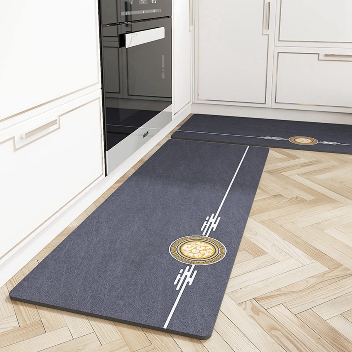 「Tuokus」キッチンマット 洗える PUレザー 廊下マット 台所マット 滑り止め付き 玄関マット カーペット ラグマット 厚手防音 掃除易い 抗菌防臭 吸水 厚手 長方形 (グレー 45*70cm)