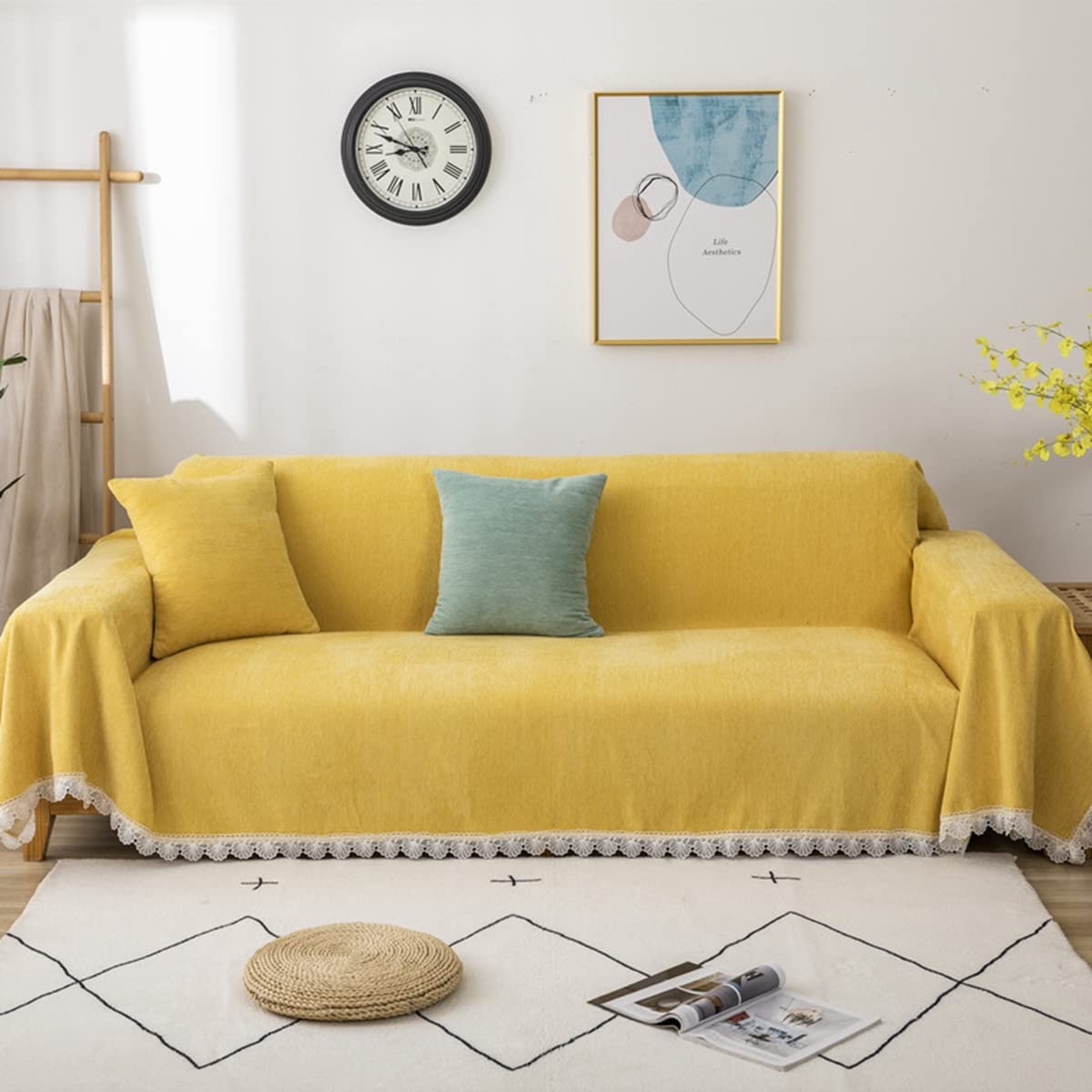 「Tuokus」ソファーカバー ソファパッド ソファカバー ペットの引っかき傷防止 クッション ソファー スリップ 洗える 防塵 肘付き 一人掛け 二人掛け 三人掛け(イエロー枕45*45cm)