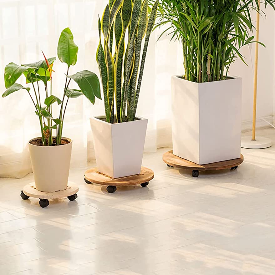 「Tuokus」植木鉢トレー 植木鉢受け皿 植木鉢台 木製 360°可動式 移動便利 鉢置台 1個セット 花台 床保護 丸い木 ウォールナット 丸い形直径25cm