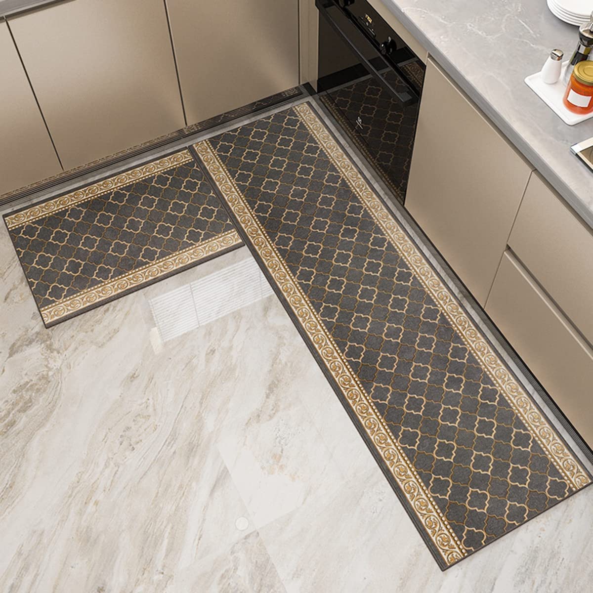 「Tuokus」キッチンマット ヨーロッパスタイル クラシック 洗える 織り 廊下マット 台所マット 滑り止め付き 玄関マット カーペット ラグマット 厚手防音 掃除易い 抗菌防臭 吸水 厚手 長方形 (グレー 50*80cm)