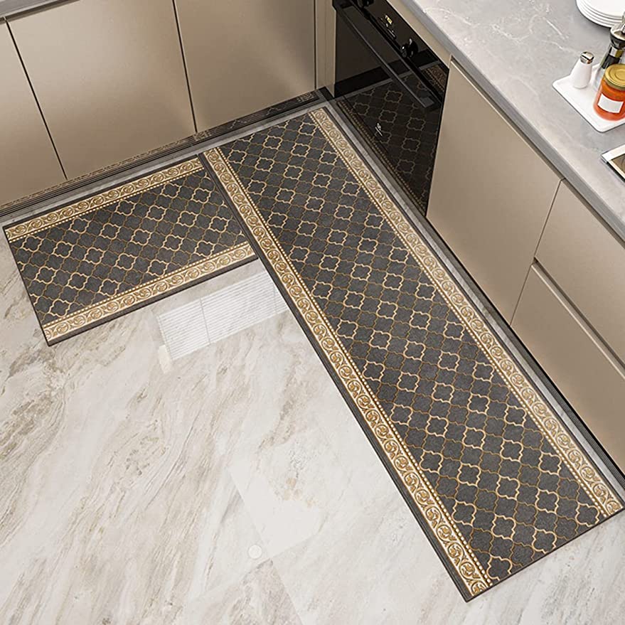 「Tuokus」キッチンマット ヨーロッパスタイル クラシック 洗える 織り 廊下マット 台所マット 滑り止め付き 玄関マット カーペット ラグマット 厚手防音 掃除易い 抗菌防臭 吸水 厚手 長方形 (グレー 50*80cm)