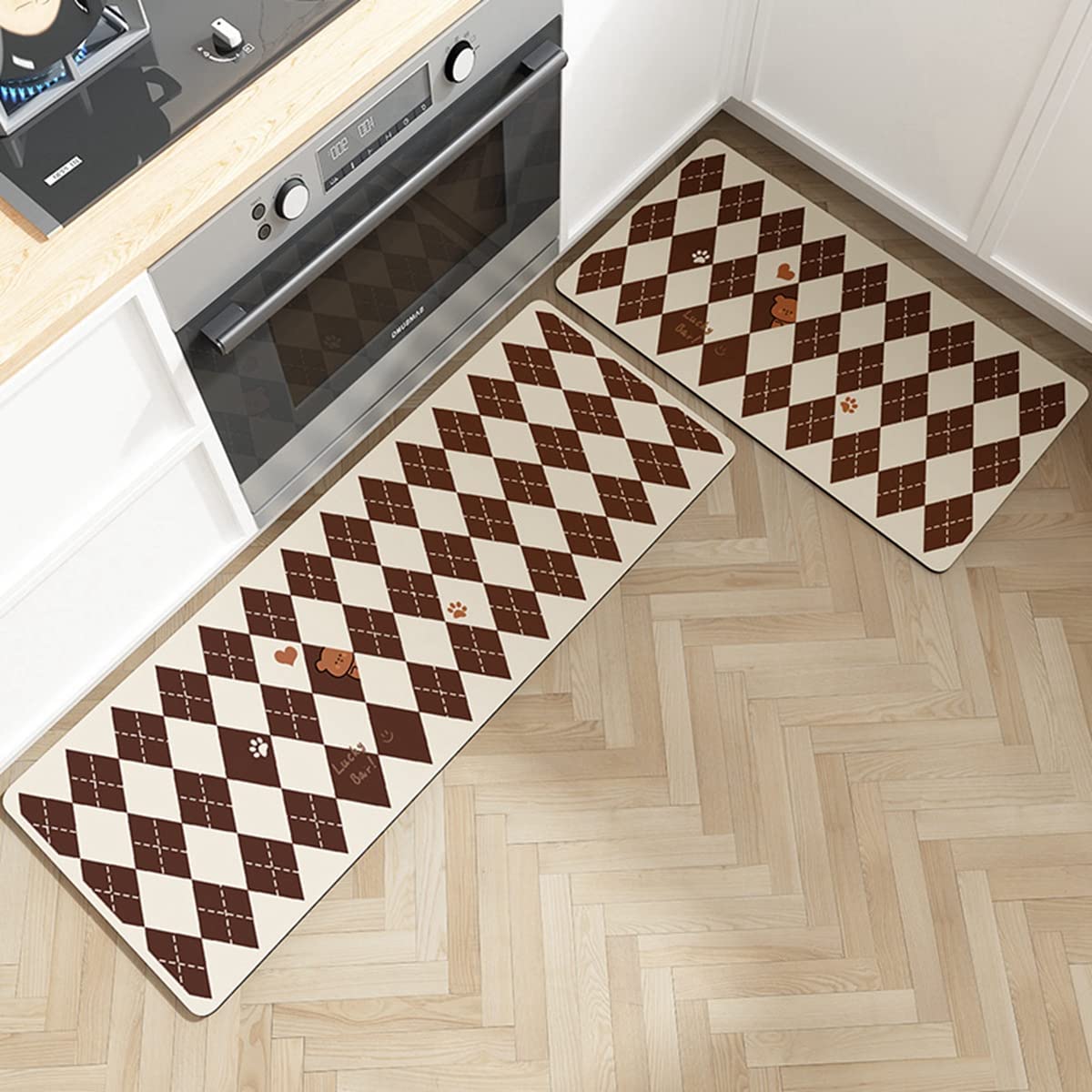 「Tuokus」キッチンマット 洗える 廊下マット 台所マット 滑り止め付き 幾何学模様 玄関マット PUレザー カーペット ラグマット 厚手防音 掃除易い 抗菌防臭 吸水 厚手 長方形 (カーキ 45*70cm)