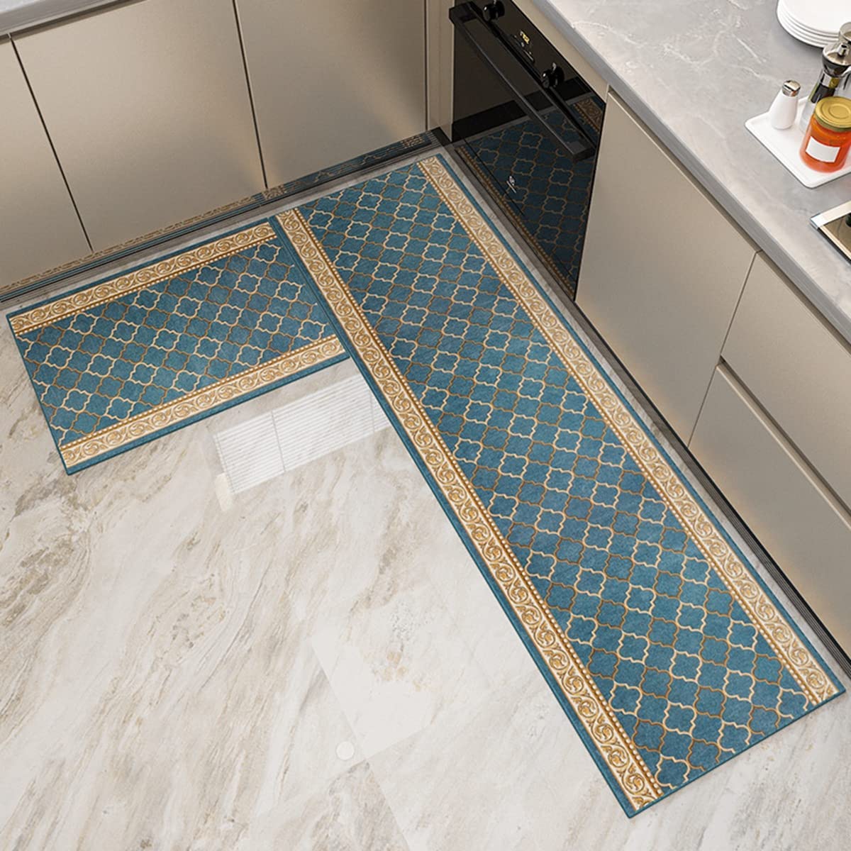 「Tuokus」キッチンマット ヨーロッパスタイル クラシック 洗える 織り 廊下マット 台所マット 滑り止め付き 玄関マット カーペット ラグマット 厚手防音 掃除易い 抗菌防臭 吸水 厚手 長方形 (グレー 50*80cm)