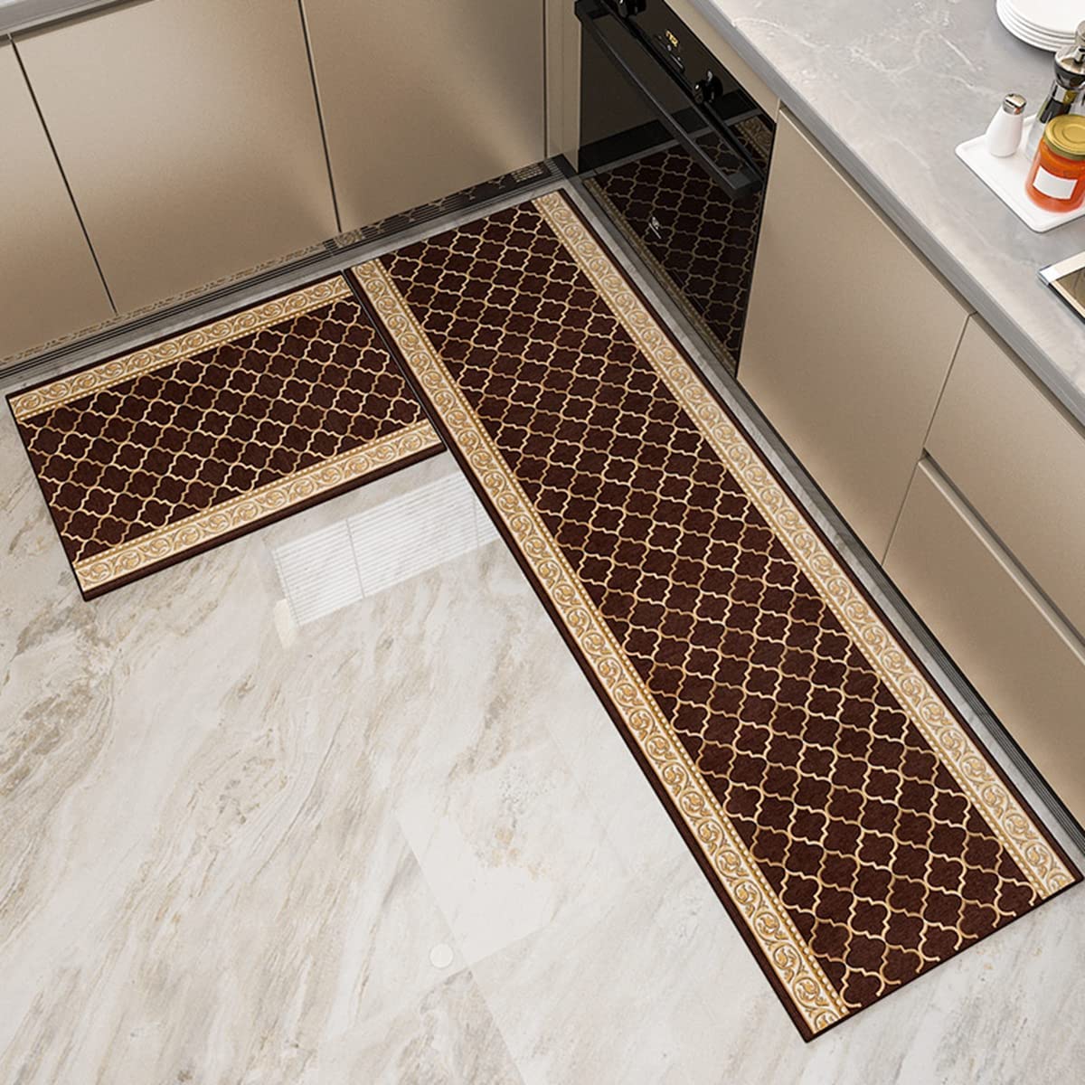 「Tuokus」キッチンマット ヨーロッパスタイル クラシック 洗える 織り 廊下マット 台所マット 滑り止め付き 玄関マット カーペット ラグマット 厚手防音 掃除易い 抗菌防臭 吸水 厚手 長方形 (グレー 50*80cm)