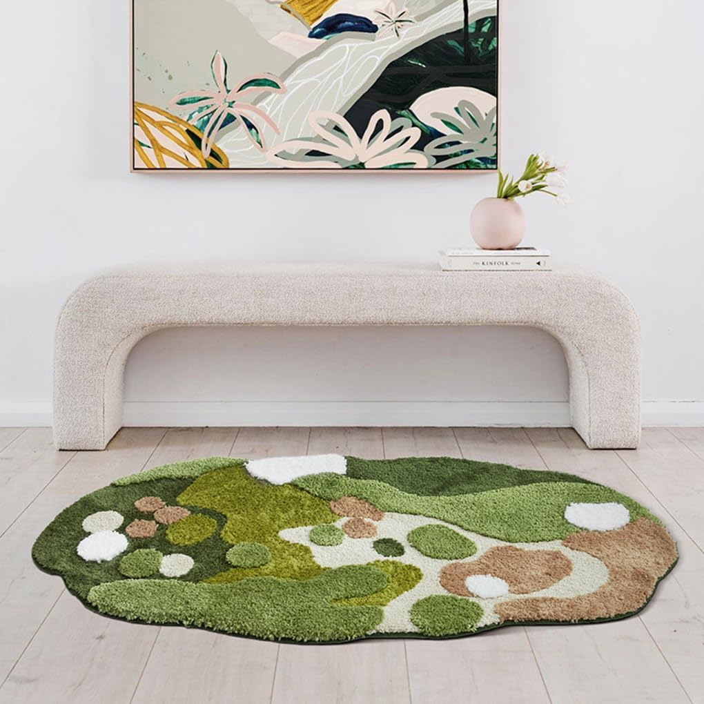 「Tuokus」モスラグ ラグマット 160×80cm 苔風デザイン 立体パイル 厚手 植毛ラグ 柔らかい ふわふわ 防音 TPR滑り止め付き 吸水性あり 床暖房対応 ベッドサイド 玄関 リビング 寝室用 洗濯可能 ZHRDTjia15D