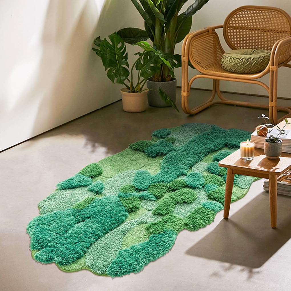 「Tuokus」モスラグ ラグマット80×140cm 苔風 立体デザイン 変形ラグ 北欧風 おしゃれ 厚手 植毛加工 ふわふわ 柔らかい 防滑TPR底 滑り止め付き 吸水 床保護 ベッドサイドラグ 玄関マット リビング 寝室用 洗える 小さめラグ ZHRDTjia29